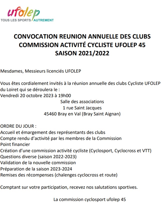 20231020_Bray-en-val__CONVOCATION-REUNION-ANNUELLE-DES-CLUBS-COMMISSION-CYCLOSPORT-UFOLEP-45